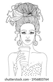 Retrato de colorido dibujado por un vector, mujer joven. Niña con peinado suelto con un bollo envuelto en una bufanda. Modelo de moda con piel limpia y sana sujete una taza de termo de viaje para llevarse un café o té caliente