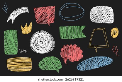 Vector drawn crayon text boxes. Color charcoal doodle speech bubbles. Hand drawn childrens style pencil dialog balloon.