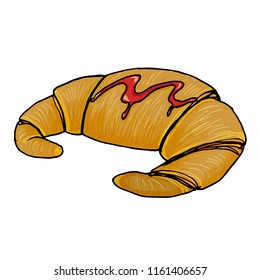 In the vector is drawn a croissant. Croissant for breakfast. Croissant with chocolate, and syrup. French Breakfast.