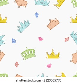 Vector drawn crowns and gems. Cute baby design. Children's room wallpaper and clothes or papper texture.