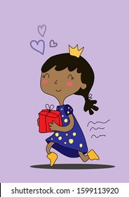Vector drawn cute cartoon black girl with a crown on her head carries a gift box and smiles. Hurries and thinks about love.