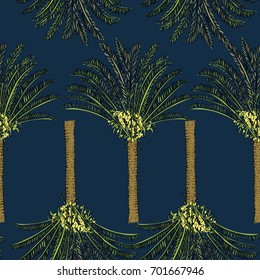 Vector drawn cycas palm tree seamless pattern on blue background in a sketch style. Exotic collection.