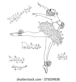 Vector drawn dancing ballerina in a tutu and pointe. Original hand drawn inscription  ballet, ballerina, dancer. On a white background 