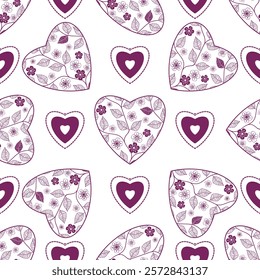 Vector drawn decorative purple monochrome  heart with flowers and leaves. Seamless pattern. Transparent background