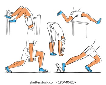Vector drawn doodle illustration isolated set, collection of athletes, gymnasts, people engaged in physical education. Their feet with shoes are highlighted. Concept sports shoes.