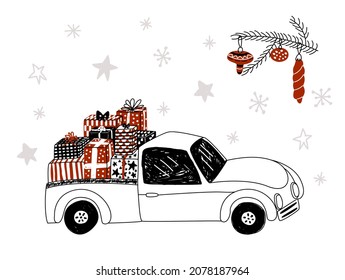 Vector drawn doodle layout of a truck postcard, gift boxes in the trailer. Starry background with snowflakes. Christmas tree branch with toys.