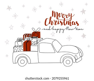 Vector drawn doodle layout of a truck postcard, gift boxes in the trailer. Starry background with snowflakes. lettering Merry Christmas and Happy New Year.
