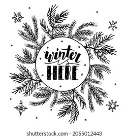 Vector drawn doodle set Christmas, New Year items. Branches Christmas tree, decorations, gingerbread, lettering winter is here are depicted against background of falling snowflakes.