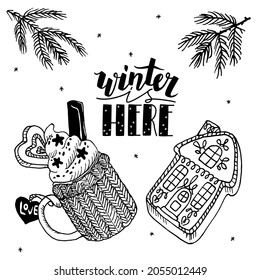 Vector drawn doodle set Christmas, New Year items. Branches Christmas tree, decorations, gingerbread, cup of coffee with cream, cinnamon, sweets are depicted against background of falling snowflakes.