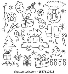 Vector drawn doodle set of objects and symbols on the theme of Christmas and preparation for the new year. Warm cartoon things for the design of postcards, posters, packaging.