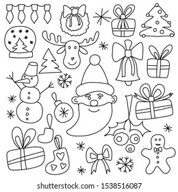 Vector drawn doodle set of objects and symbols on the theme of Christmas, winter and preparation for the new year. Cute cartoon things for design postcards, posters, packaging.