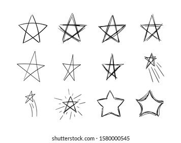 Vector drawn doodle stars, scribble lines, black stars  isolated on white background, chalk drawing.