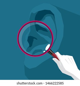 Vector drawn ears and magnifying glass. The background is red.