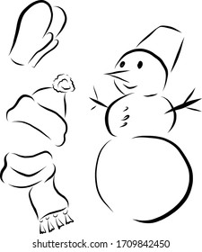 Vector drawn elements on winter theme. Snowman, scarf, hat, mittens. Sketch line elements.