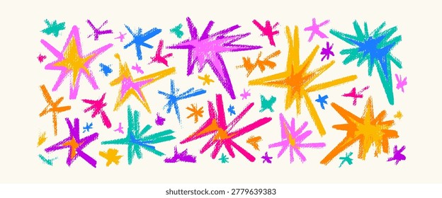 Vector drawn elements set. Hand drawn collection of stars, outbursts or explosive collisions colorful silhouettes. Pencil drawing textured bright shapes.