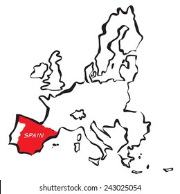 Vector drawn european union borders and Spain, Black contour map of Europe.