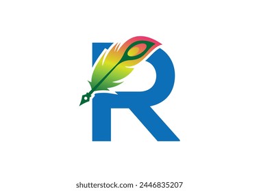 Vector drawn feather pen with latter R template