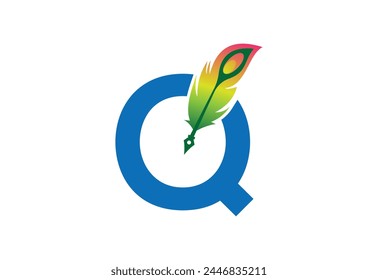 Vector drawn feather pen with latter Q template