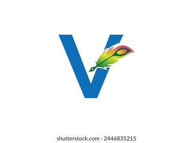 Vector drawn feather pen with latter V template
