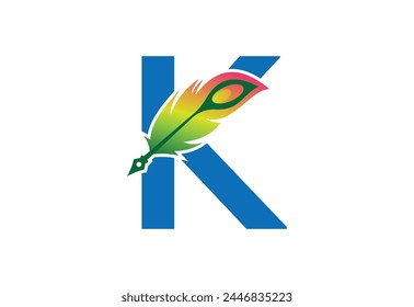 Vector drawn feather pen with latter K template