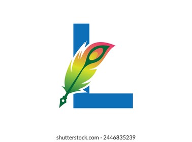 Vector drawn feather pen with latter L template