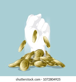 Vector drawn fist. Stand out from dollar coins. Conceptual design of power.