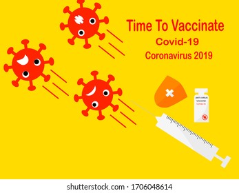 Vector drawn flat design Coronavirus and vaccination, cell Covid-19 scared and run away from vaccines syringe protection Coronavirus, virus concept time to vaccinate 