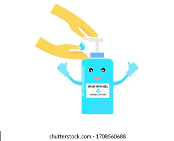 Frasco de gel de lavado de manos líquido de diseño plano, bomba de mano humana, gel de lavado de manos azul botellas de pulgar buena higiene proteger del virus y matar el germen en fondo blanco aislado 