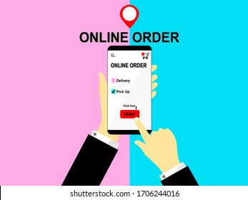 Vector Drawn Flat Design Mobile Order Online, Close Up Hand Holding Mobile Phone Application Online Orders Delivery Or Pickup Order, Screen Finger Click App Order Online Pattern Isolated Concept 