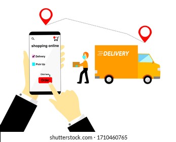 Vector Drawn Flat Design Mobile Order Online And Delivery Truck, Hand Holding Mobile Phone Application Online Orders Delivery Or Pickup Order, Screen Finger Click App Order Online Pattern Concept