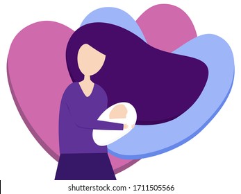 Vector drawn flat design mom hold cute baby in the arms, happy women’s day and Mother’s Day concept love heart pattern background 