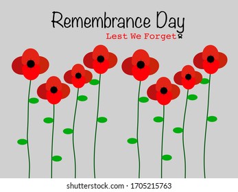 Vector drawn flat design Remembrance Day, red poppy flowers blooming beautiful pattern in grey background memories of Anzac Day, symbol  Remembrance Day Lest we forget card decoration illustration 