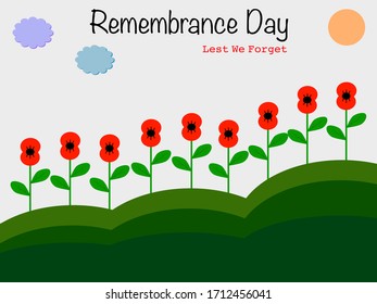 Vector drawn flat design Remembrance Day, red poppy flowers blooming beautiful pattern in green field memories of Anzac Day, symbol  Remembrance Day Lest we forget card decoration illustration