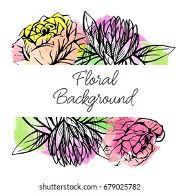 Vector drawn floral border with hand drawn flowers on watercolor background. Roses and clover