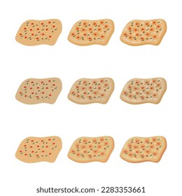 A vector drawn focaccia bread illustration with various colors and amount of details