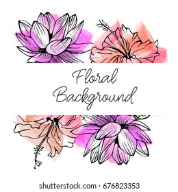 Vector drawn forest border with with hand drawn tropical flowers on watercolor background. Package design.