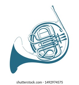 Vector Drawn French Horn. Isolated On White Background.