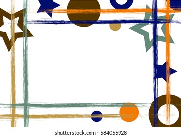 Vector drawn geometric background with geometrical figures, frame, border Grunge template with stars circles, dots Old style vintage design. Graphic illustration with cracks, attrition a4 size format