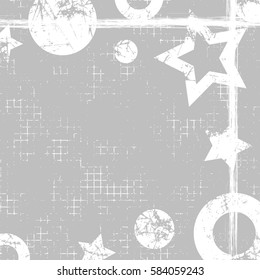 Vector drawn geometric background with geometrical figures, frame, border. Grunge template with stars, circles, dots Old style vintage design. Graphic illustration with cracks attrition Square format