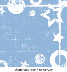 Vector drawn geometric background with geometrical figures, frame, border. Grunge template with stars, circles, dots Old style vintage design Graphic illustration with cracks, attrition Square format