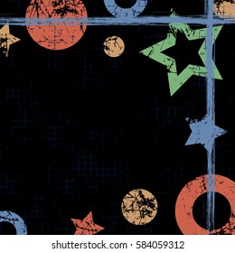 Vector drawn geometric background with geometrical figures, frame, border. Grunge template with stars, circles, dots Old style vintage design. Graphic illustration with cracks attrition Square format