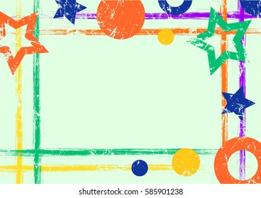 Vector drawn geometric background with geometrical figures, frame, border Grunge template with stars, circles, dots Old style vintage design. Graphic illustration with cracks, attrition a4 size format