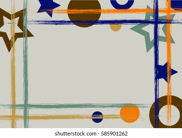 Vector drawn geometric background with geometrical figures, frame, border Grunge template with stars, circles, dots Old style vintage design. Graphic illustration with cracks, attrition a4 size format