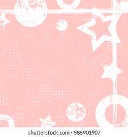 Vector drawn geometric background with geometrical figures, frame, border. Grunge template with stars, circles, dots Old style vintage design. Graphic illustration with cracks, attrition Square format