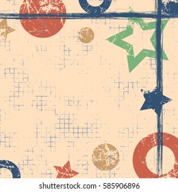 Vector drawn geometric background with geometrical figures, frame, border. Grunge template with stars, circles, dots Old style vintage design. Graphic illustration with cracks, attrition Square format