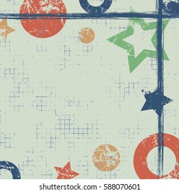 Vector drawn geometric background with geometrical figures, frame, border. Grunge template with stars, circles dots Old style vintage design. Graphic illustration with cracks, attrition Square format