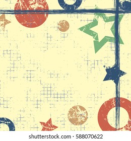 Vector drawn geometric background with geometrical figures, frame, border. Grunge template with stars, circles dots Old style vintage design. Graphic illustration with cracks, attrition Square format