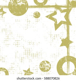 Vector drawn geometric background with geometrical figures, frame, border. Grunge template with stars, circles dots Old style vintage design. Graphic illustration with cracks, attrition Square format