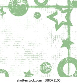 Vector drawn geometric background with geometrical figures, frame, border. Grunge template with stars, circles dots Old style vintage design. Graphic illustration with cracks, attrition Square format