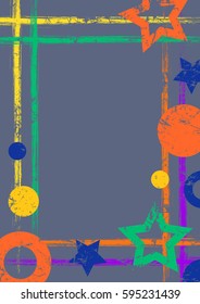 Vector drawn geometric background with geometrical figures, frame, border Grunge template with stars, circles, dots Old style vintage design. Graphic illustration with cracks, attrition a4 size format